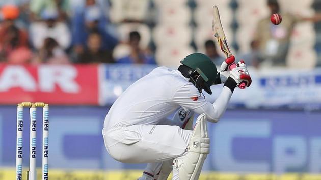 Bangladesh's Soumya Sarkar bends to avoid a rising delivery by India's Ishant Sharma. (AP) Bangladesh's Soumya Sarkar bends to avoid a rising delivery by India's Ishant Sharma. (AP)