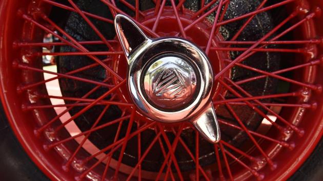 A wheel of an Alvis Speed 20, 1936 model, with 4800 CC. With nearly 100 hand-picked and classic cars, this year’s rally is expected to be grander than its previous editions. (Mohd Zakir/HT PHOTO)