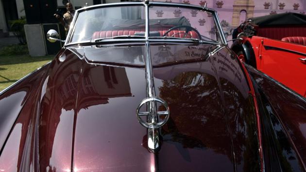 The front of the Buik Road Master, 1949 model, with 4500 CC. The 7th edition of the show has planned a royal affair, with hand-picked, rare and premium and classic, Indian and International cars and motorcycles. USA, France, Germany, Italy and UK are also participating in the show. (Mohd Zakir/HT PHOTO)