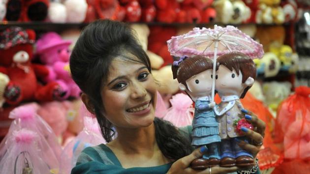 A girl purchasing gifts ahead of Valentine’s Day in Ludhiana. (Gurminder Singh/HT Photo)
