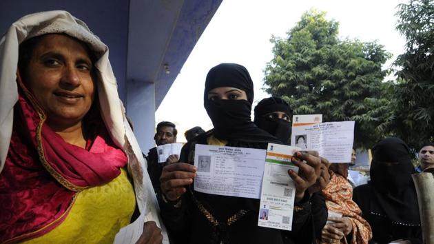 Voters at the Janta Inter College polling booth in Jewar constituency. (Sunil Ghosh/HT) Voters at the Janta Inter College polling booth in Jewar constituency. (Sunil Ghosh/HT)