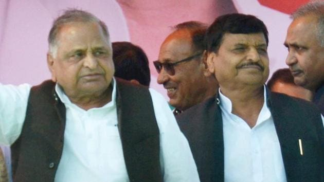 Samajwadi Party founder Mulayam Singh Yadav with his brother and senior leader Shivpal Singh Yadav at an election rally in Etawah on Saturday. (PTI) Samajwadi Party founder Mulayam Singh Yadav with his brother and senior leader Shivpal Singh Yadav at an election rally in Etawah on Saturday. (PTI)
