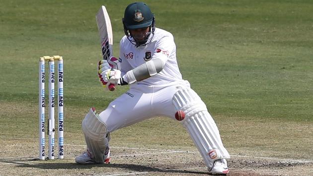 Bangladesh captain Mushfiqur Rahim plays a shot during the third day of the cricket test match against India. (AP)