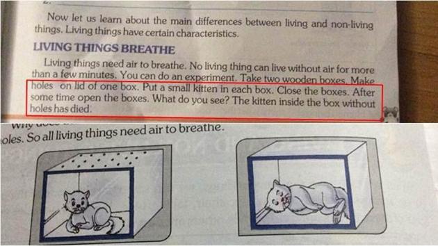 A Class IV environmental science textbook suggest students to “kill a kitten” as part of an experiment.(Twitter/Lola Kuttiamma)