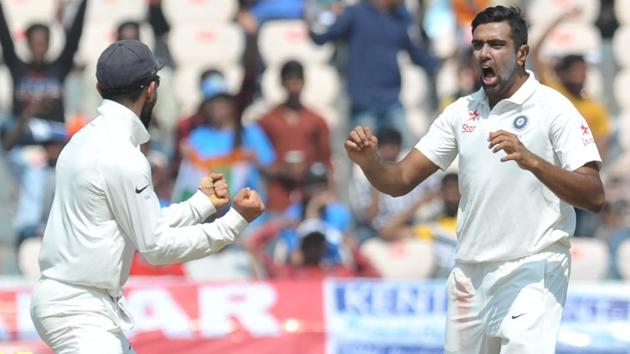 India’s Ravichandran Ashwin provided an early breakthrough against Bangladesh. Get cricket score of India vs Bangladesh here.(AFP)