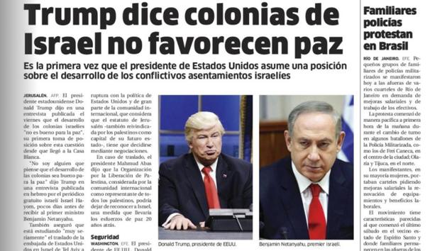 Dominican Republic's El Nacional print edition shows comedian Alec Baldwin doing his impression of President Donald Trump on “Saturday Night Live,” next to a photo of Israel's Prime Minister Benjamin Netanyahu on the paper's international page with the Spanish headline: “Trump says settlements in Israel don’t favor peace." (Screengrab) Dominican Republic's El Nacional print edition shows comedian Alec Baldwin doing his impression of President Donald Trump on “Saturday Night Live,” next to a photo of Israel's Prime Minister Benjamin Netanyahu on the paper's international page with the Spanish headline: “Trump says settlements in Israel don’t favor peace." (Screengrab)