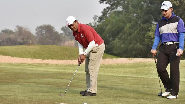 Foreign envoys played golf during the ‘Putting Smiles’ tournament at Golden Green Golf Club on Sunday.(Sanjeev Verma/HT Photo) Foreign envoys played golf during the ‘Putting Smiles’ tournament at Golden Green Golf Club on Sunday.(Sanjeev Verma/HT Photo)