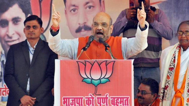 BJP president Amit Shah addresses an election rally in Chandausi in Sambhal district of Uttar Pradesh on Monday. (PTI) BJP president Amit Shah addresses an election rally in Chandausi in Sambhal district of Uttar Pradesh on Monday. (PTI)