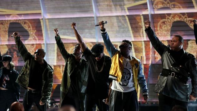 Tribe Called Quest and Anderson Paak perform a medley of Award Tour, Movin Backwards and We the People at the 59th Annual Grammy Awards in Los Angeles.(REUTERS)