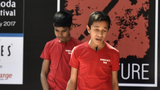 Children narrate their stories at the HT Kala Ghoda Arts Festival on Sunday. (Kunal Pati/HT) Children narrate their stories at the HT Kala Ghoda Arts Festival on Sunday. (Kunal Pati/HT)