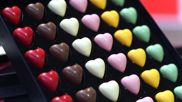 Chocolate creations in the shape of hearts displayed on the opening day of the Brussels Chocolate Fair in the Belgian capital, Brussels. (EMMANUEL DUNAND / AFP)