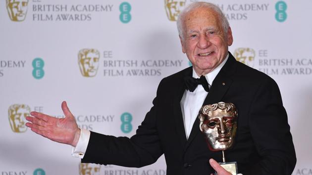 US filmmaker Mel Brook poses with the BAFTA Fellowship Award. (AFP)