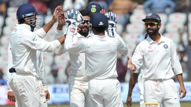 Ravindra Jadeja celebrates the wicket of Bangladesh's Mehedi Hasan Miraz on the fifth day of the match. (AFP) 