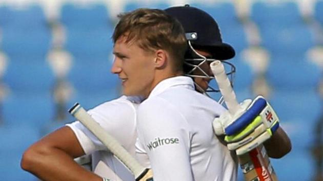 England U-19 cricket team batsman George Bartlett celebrates his ton with captain Max Holden (right) during Day 1 of the Youth Test against India U-19 cricket team at VCA Stadium in Nagpur on Monday. (PTI) England U-19 cricket team batsman George Bartlett celebrates his ton with captain Max Holden (right) during Day 1 of the Youth Test against India U-19 cricket team at VCA Stadium in Nagpur on Monday. (PTI)
