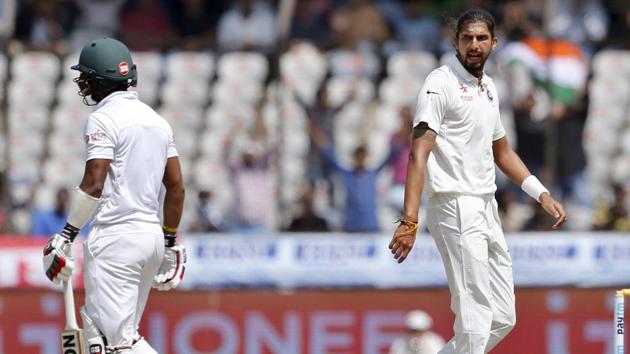 India's Ishant Sharma, right, gestures towards Bangladesh's Sabbir Rahman, left, after taking his wicket. (AP) 