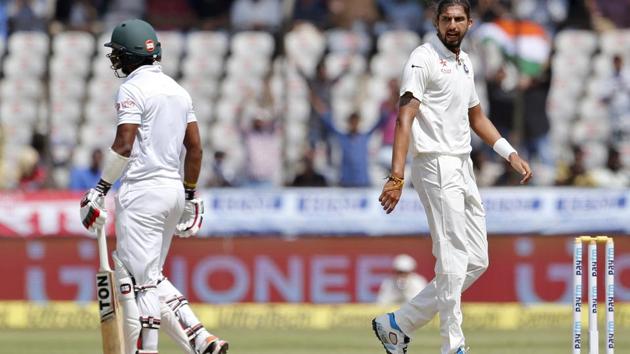 Ishant Sharma (right) gestures towards Bangladesh's Sabbir Rahman after taking his wicket during India vs Bangladesh one-off Test.(AP) Ishant Sharma (right) gestures towards Bangladesh's Sabbir Rahman after taking his wicket during India vs Bangladesh one-off Test.(AP)