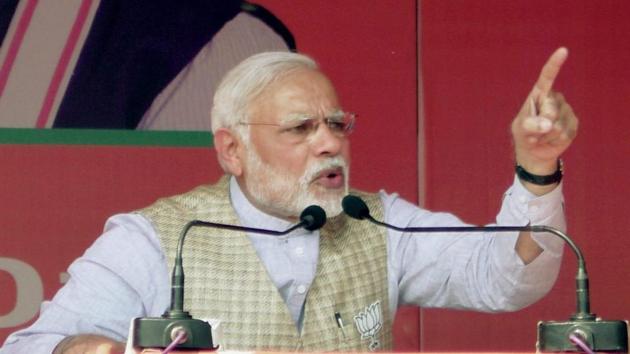 Prime Minister Narendra Modi addresses an election rally at Lakhimpur Kheri in Uttar Pradesh on Monday.(PTI Photo)