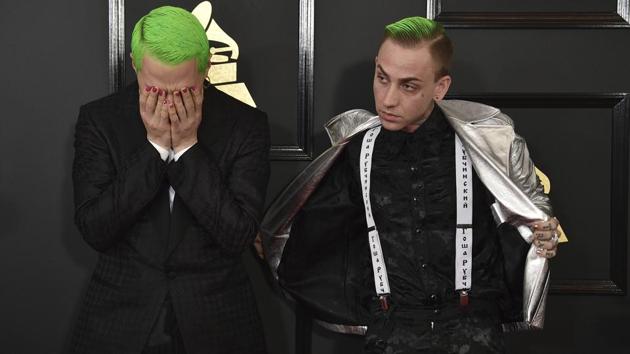 Mike Posner (left) and Blackbear arrive at the awards ceremony. (AP)