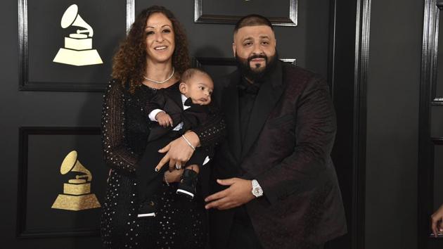 From left: Nicole Tuck, Asahd Tuck Khaled, and DJ Khaled arrive at the awards cremony. (AP)