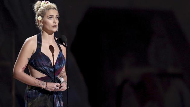 Paris Jackson introduces a performance by The Weeknd and Daft Punk at the cremony. (AP)