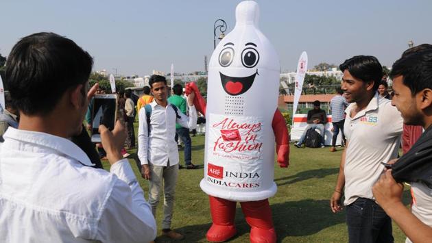 This year’s International Condom Day theme “Always in Fashion” aims at enticing the youth of India with positive messages on condom usage, through the medium of creative fashion designs made of condoms. (Burhaan Kinu/HT Photo) This year’s International Condom Day theme “Always in Fashion” aims at enticing the youth of India with positive messages on condom usage, through the medium of creative fashion designs made of condoms. (Burhaan Kinu/HT Photo)