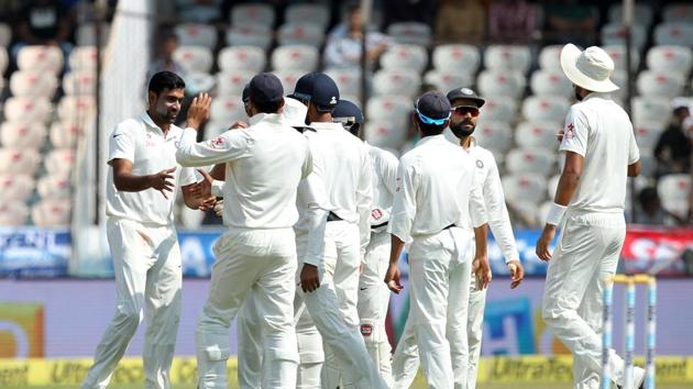 Ravichandran Ashwin and Ravindra Jadeja’s four wicket hauls were backed up by a hostile spell from Ishant Sharma as India registered a 208-run win over Bangladesh in Hyderabad.(BCCI) Ravichandran Ashwin and Ravindra Jadeja’s four wicket hauls were backed up by a hostile spell from Ishant Sharma as India registered a 208-run win over Bangladesh in Hyderabad.(BCCI)