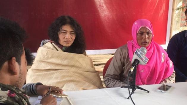 Sharmila, 44, is the marquee candidate among five newbies PRJA has fielded. She is contesting the Thoubal seat against Manipur chief minister Okram Ibobi Singh and BJP’s L Bashanta Singh. (Rahul Karmarkar /HT File Photo) Sharmila, 44, is the marquee candidate among five newbies PRJA has fielded. She is contesting the Thoubal seat against Manipur chief minister Okram Ibobi Singh and BJP’s L Bashanta Singh. (Rahul Karmarkar /HT File Photo)