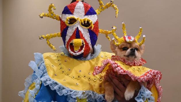 Representing Puerto Rico, a contestant in the World Fashion Presents segment poses during the 14th Annual New York Pet Fashion Show (TIMOTHY A. CLARY / AFP)