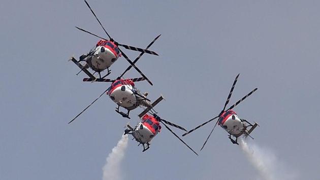 Indian Air Force's aerobatic team Sarang during a performance. (Shailendra Bhojak / PTI) Indian Air Force's aerobatic team Sarang during a performance. (Shailendra Bhojak / PTI)