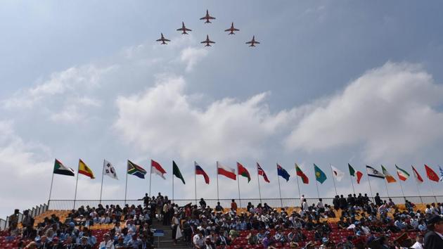Indian Air Force's aerobatic team performs during the inauguration of the 11th biennial edition of Aero India 2017 at Yelahanka Air base in Bengaluru on Tuesday. (PTI Photo) Indian Air Force's aerobatic team performs during the inauguration of the 11th biennial edition of Aero India 2017 at Yelahanka Air base in Bengaluru on Tuesday. (PTI Photo)