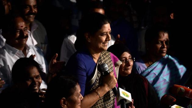 AIADMK general secretary VK Sasikala addresses the media at a resort in Koovathur near Chennai to meet MLAs camping there, on Monday. (PTI) AIADMK general secretary VK Sasikala addresses the media at a resort in Koovathur near Chennai to meet MLAs camping there, on Monday. (PTI)