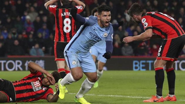 Manchester City F.C. moved to second spot in the Premier League after beating A.F.C Bournemouth 2-0 thanks to Sergio Aguero. (AP) Manchester City F.C. moved to second spot in the Premier League after beating A.F.C Bournemouth 2-0 thanks to Sergio Aguero. (AP)