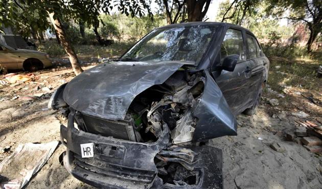 The Maruti Swift car which was involved in the accident at Chhatarpur in which a homeless man was killed.(Arun Sharma/HT Photo)