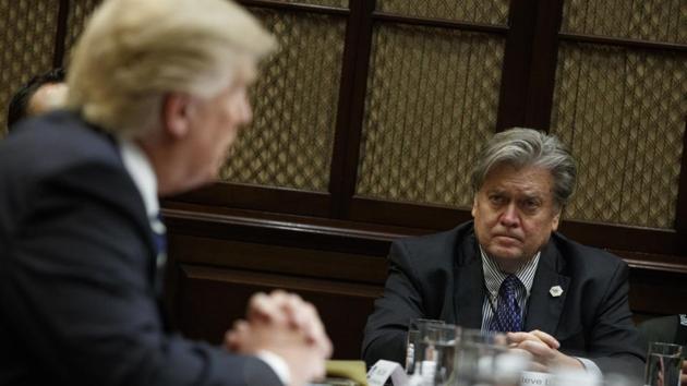 White House Chief Strategist Steve Bannon (right) with US President Donald Trump, Roosevelt Room, White House, Washington, January 31(AP)