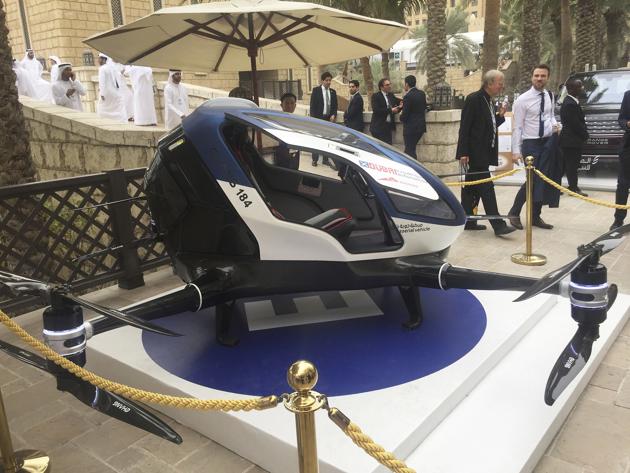 A model of EHang 184 and the next generation of Dubai Drone Taxi is seen during the seconde day of the World Government Summit in Dubai, United Arab Emirates, on February 13, 2017. (AP) A model of EHang 184 and the next generation of Dubai Drone Taxi is seen during the seconde day of the World Government Summit in Dubai, United Arab Emirates, on February 13, 2017. (AP)