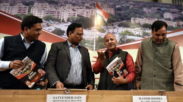 (L-R) Kapil Mishra, Satyendra Jain, deputy CM Manish Sisodia Kapil Mishra and Gopal Rai released the AAP government’s two-year report card at Delhi Secretariat. (Sonu Mehta/HT PHOTO) (L-R) Kapil Mishra, Satyendra Jain, deputy CM Manish Sisodia Kapil Mishra and Gopal Rai released the AAP government’s two-year report card at Delhi Secretariat. (Sonu Mehta/HT PHOTO)