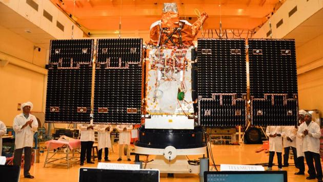 Cartosat 2D satellite undergoing panel deployment test.  It was deployed along with two nano satellites, developed as co-passenger satellites to accompany bigger satellites on PSLV.  (isro.gov.in) 