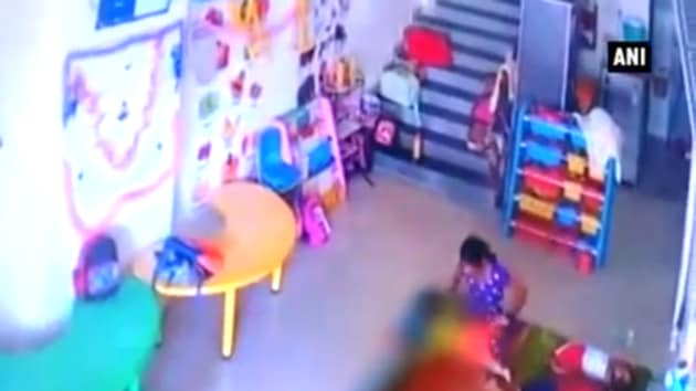 CCTV Footage from the daycare facility in Kharghar showed the help assaulting the child.(Video screengrab) CCTV Footage from the daycare facility in Kharghar showed the help assaulting the child.(Video screengrab)