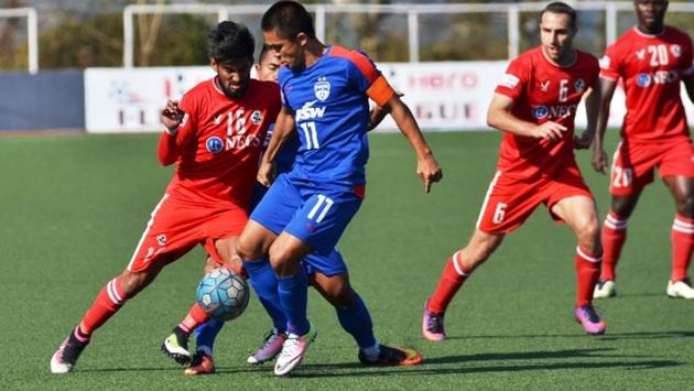 Sunil Chhetri vies for the ball with an Aizawl FC player in an I-League match on Wednesday. (AIFF) Sunil Chhetri vies for the ball with an Aizawl FC player in an I-League match on Wednesday. (AIFF)