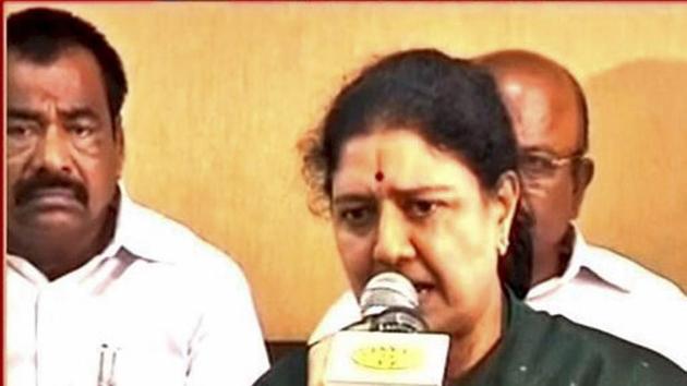 AIADMK general secretary VK Sasikala speaks before leaving from Koovathur Resort to Poes Garden at Koovathur on Tuesday. (PTI Photo) AIADMK general secretary VK Sasikala speaks before leaving from Koovathur Resort to Poes Garden at Koovathur on Tuesday. (PTI Photo)