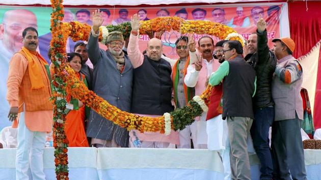 BJP president Amit Shah at a public meeting at Bauradi Stadium, New Tehri in Uttarakhand.(PTI Photo) BJP president Amit Shah at a public meeting at Bauradi Stadium, New Tehri in Uttarakhand.(PTI Photo)