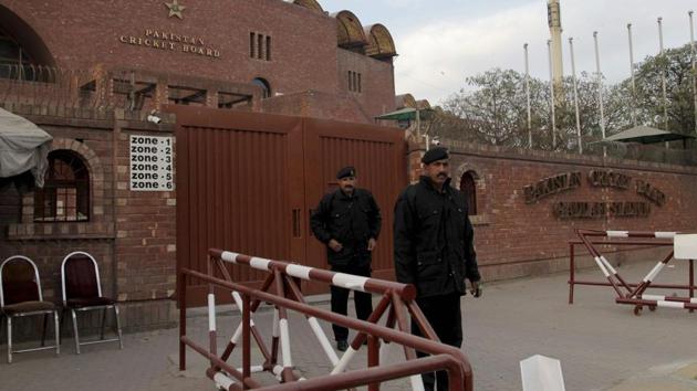 Private guards stand alert outside Lahore’s Gadaffi stadium, venue for the upcoming final of the Pakistan Super League, on Tuesday. (AP) Private guards stand alert outside Lahore’s Gadaffi stadium, venue for the upcoming final of the Pakistan Super League, on Tuesday. (AP)