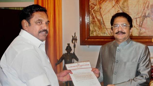AIADMK legislative party leader 'Edappadi' Palaniswamy calling on Tamil Nadu governor Ch Vidyasagar Rao to stake claim for formation of government at Raj Bhavan in Chennai on Tuesday.(PTI) AIADMK legislative party leader 'Edappadi' Palaniswamy calling on Tamil Nadu governor Ch Vidyasagar Rao to stake claim for formation of government at Raj Bhavan in Chennai on Tuesday.(PTI)