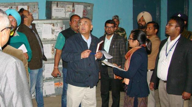 The ECI team comprising of Narender Chauhan, chief electoral officer (CEO) of Himachal Pradesh, and Rajesh Kumar, additional CEO of National Capital Region, Delhi inspecting a strongroom at Physical Education College Patiala on Wednesday. (Bharat Bhushan/HT Photo) The ECI team comprising of Narender Chauhan, chief electoral officer (CEO) of Himachal Pradesh, and Rajesh Kumar, additional CEO of National Capital Region, Delhi inspecting a strongroom at Physical Education College Patiala on Wednesday. (Bharat Bhushan/HT Photo)