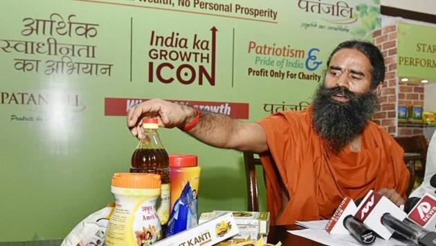 Yoga guru Ramdev  promotes Patanjali products in New Delhi. (Arvind Ashok Nigam/HT File Photo)