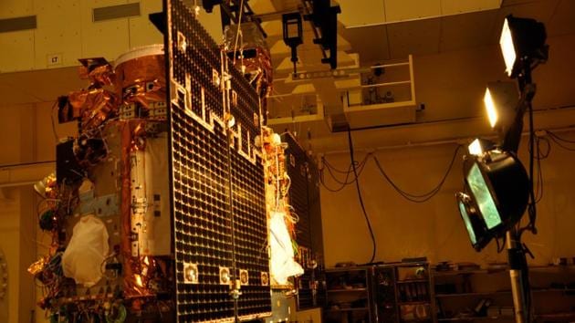 The space craft under going solar panel illumination test during development stages.  (isro.gov.in) 
