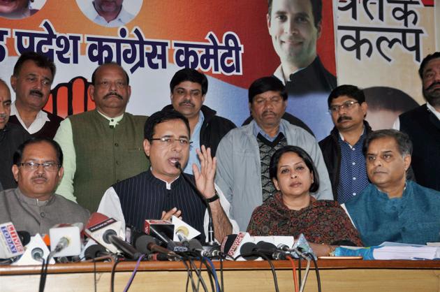 Congress chief spokesperson Randeep Surjewala briefing the press at the Congress office in Dehradun. (PTI) Congress chief spokesperson Randeep Surjewala briefing the press at the Congress office in Dehradun. (PTI)