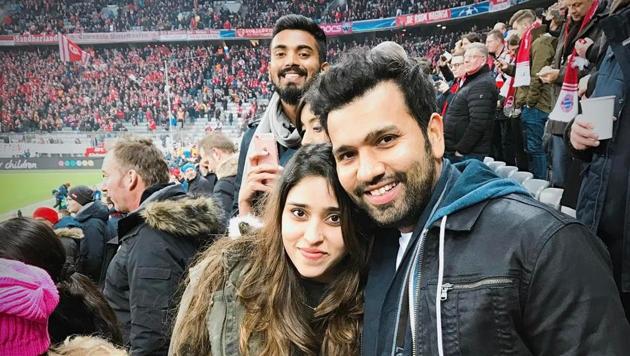 Rohit Sharma with wife Ritika and KL Rahul at the Bayern Munich-Arsenal UEFA Champions League match. (Instagram) Rohit Sharma with wife Ritika and KL Rahul at the Bayern Munich-Arsenal UEFA Champions League match. (Instagram)