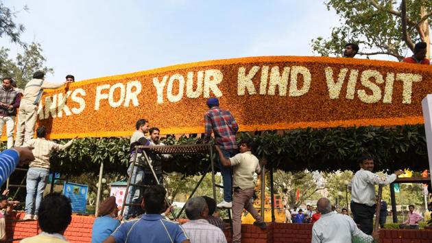 A board being installed at the exit gate of the garden. (Sanjeev Sharma/HT Photo) 