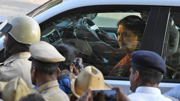 AIADMK general secretary VK Sasikala arrives to surrender in Bengaluru on Wednesday. (PTI) AIADMK general secretary VK Sasikala arrives to surrender in Bengaluru on Wednesday. (PTI)